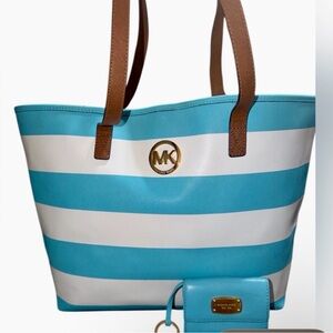 Michael Kors Aqua and White Striped Tote